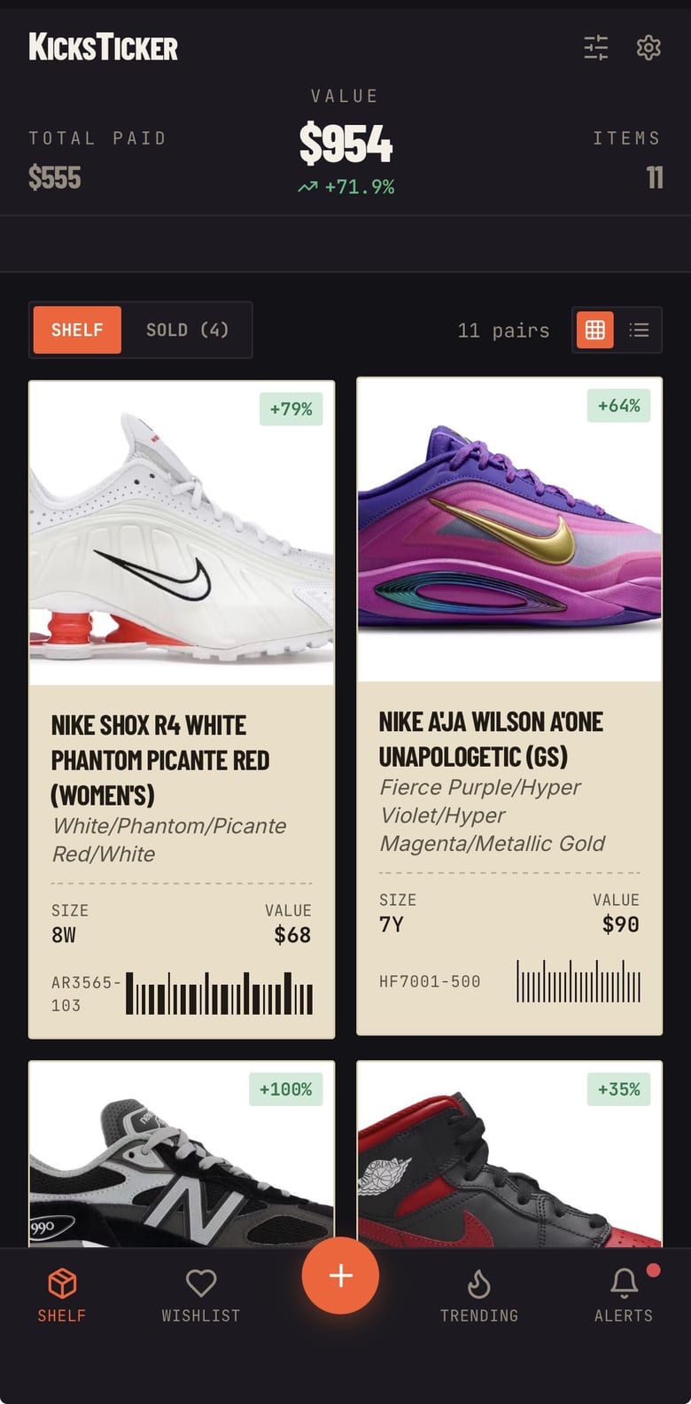 KicksTicker shelf: a grid of kraft-label sneaker cards under a portfolio header reading $555 paid, $954 value, up 71.9%
